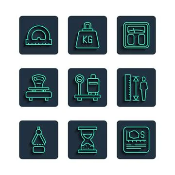 Set line Drawing compass, Old hourglass with sand, Area measurement, Bathroom Stock Illustration