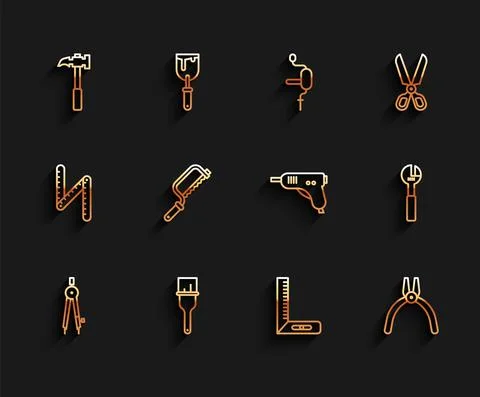 Set line Drawing compass, Paint brush, Claw hammer, Corner ruler, Pliers tool Stock Illustration