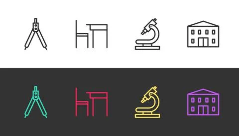 Set line Drawing compass, School table and chair, Microscope and building o.. 스톡 일러스트