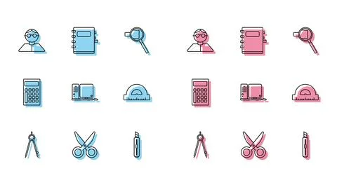 Set line Drawing compass, Scissors, Student, Stationery knife, Computer monitor Stock Illustration
