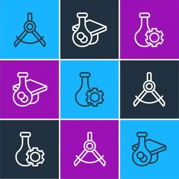 Set line Drawing compass, Test tube and Graduation cap icon. Vector Stock Illustration