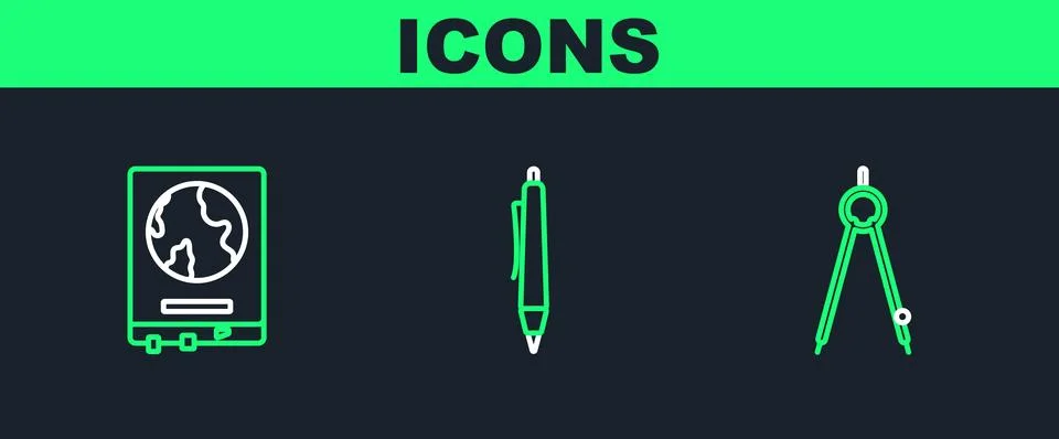 Set line Drawing compass, World map on school blackboard and Pen icon. Vector 스톡 일러스트