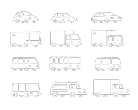 Set of Line drawing different cartoon transparent cars buses trucks. Flat Stock Illustration