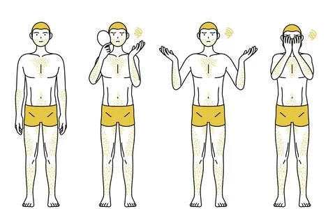 Set of line drawing poses of a man suffering from thick body hair, poses of a Stock Illustration