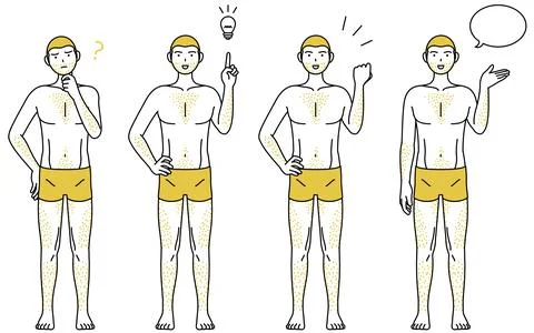 Set of line drawing poses of a man suffering from thick body hair, talking, q Stock Illustration