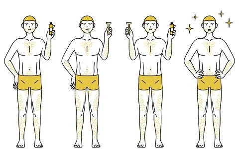 Set of line drawing poses of a man suffering from thick body hair, holding se Illustrazione stock