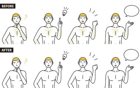Set of line drawing poses of a man suffering from thick body hair, talking, q Stock Illustration