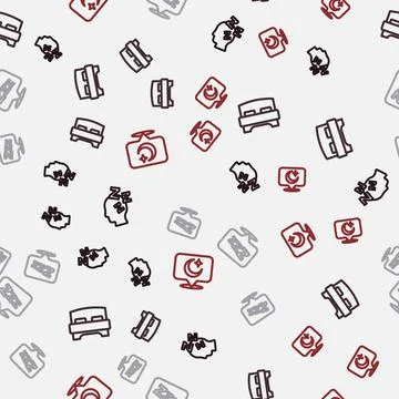 Set line Dreams, Big bed, Sleepy and Moon and stars on seamless pattern. Vector 스톡 일러스트