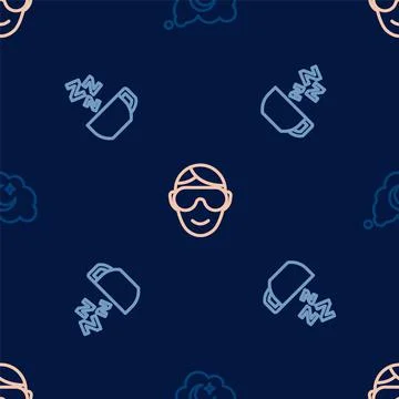 Set line Dreams, Chamomile tea and Eye sleep mask on seamless pattern. Vector Stock Illustration