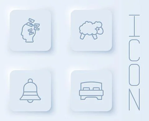 Set line Dreams, Sheep, Ringing bell and Big bed. White square button. Vector Stock Illustration