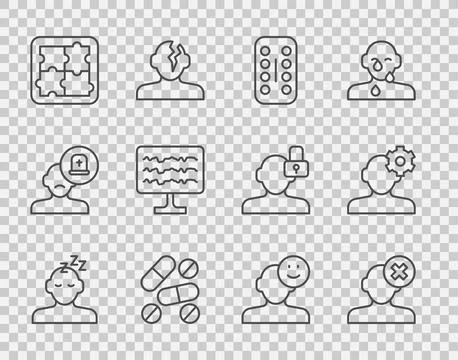 Set line Dreams, Solution problem in psychology, Sedative pills, Medicine o.. Illustrazione stock