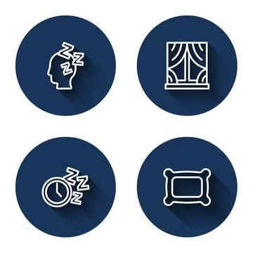 Set line Dreams, Window with curtains, Alarm clock and Pillow with long shadow Illustrazione stock