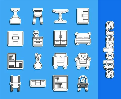 Set line Dressing table, Armchair, Big bed, Round, Furniture nightstand with Stock Illustration