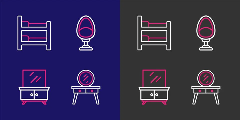 Set line Dressing table, Armchair and Bunk bed icon. Vector Illustrazione stock