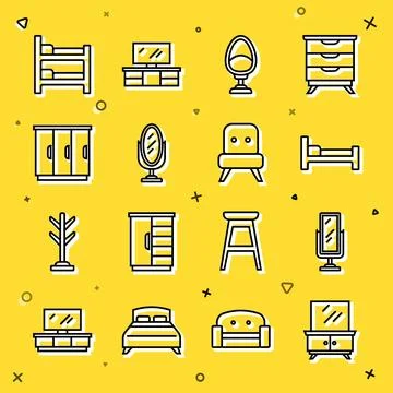 Set line Dressing table, Big full length mirror, Bed, Armchair, Mirror, Wardrobe Illustrazione stock