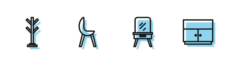 Set line Dressing table, Coat stand, Armchair and Wardrobe icon. Vector 스톡 일러스트