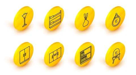 Set line Dressing table, Library bookshelf, Wardrobe, Mirror, Vase, Bunk bed and Illustrazione stock