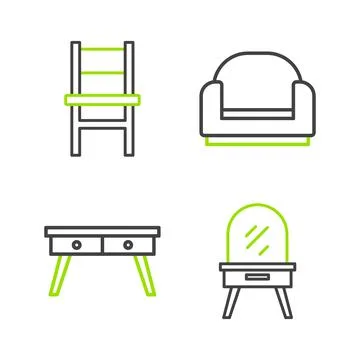 Set line Dressing table, Office desk, Armchair and Chair icon. Vector Illustrazione stock