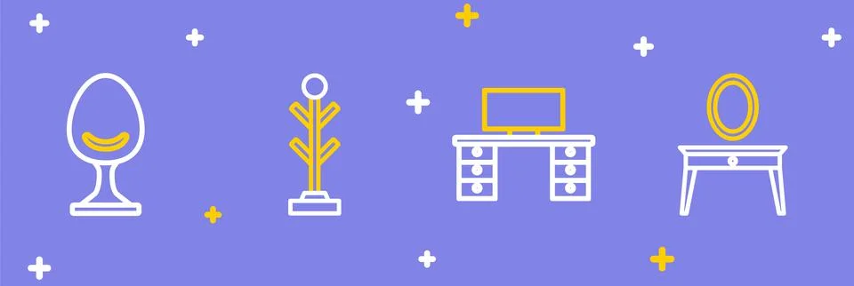 Set line Dressing table, Office desk, Coat stand and Armchair icon. Vector Stock Illustration