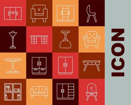 Set line Dressing table, Office desk, Armchair, Wardrobe, Floor lamp,  and .. Stock Illustration