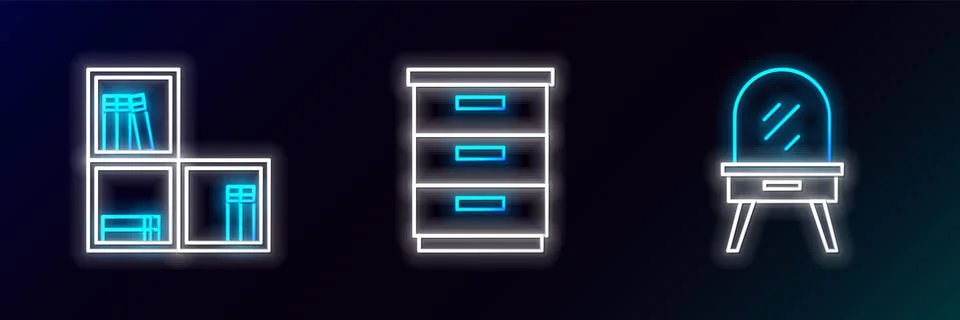Set line Dressing table, Shelf with books and Furniture nightstand icon. Glow Stock Illustration