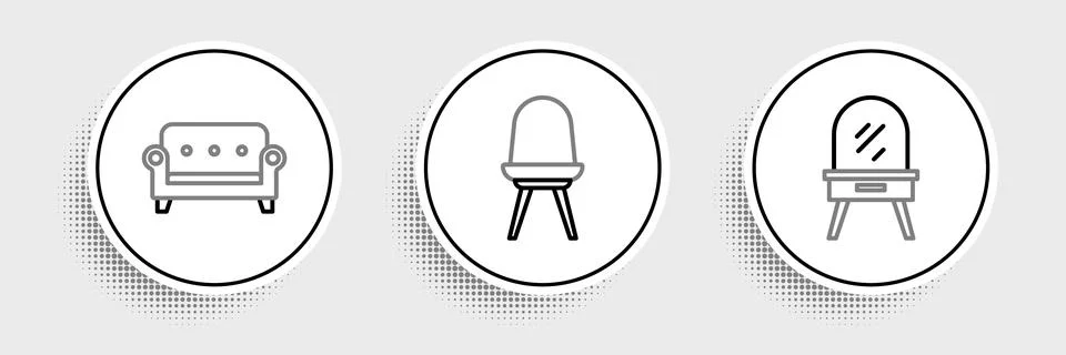 Set line Dressing table, Sofa and Chair icon. Vector 스톡 일러스트