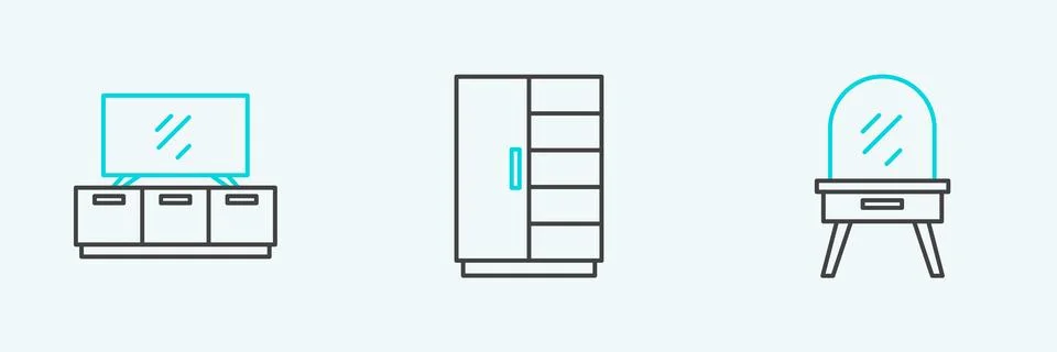 Set line Dressing table, TV stand and Wardrobe icon. Vector Illustrazione stock