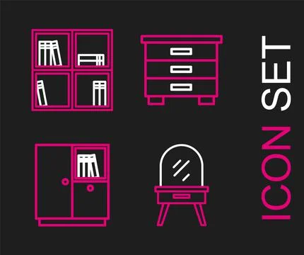 Set line Dressing table, Wardrobe, Furniture nightstand and Shelf with books  Stock Illustration