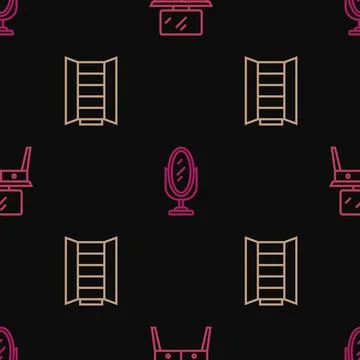 Set line Dressing table, Wardrobe and Mirror on seamless pattern. Vector Stock Illustration