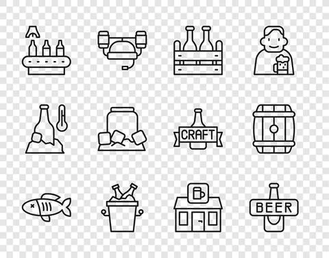 Set line Dried fish, Beer bottle, Pack of beer bottles, in ice bucket, Conveyor Illustrazione stock