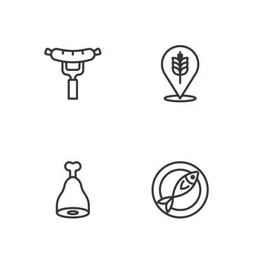 Set line Dried fish, Chicken leg, Sausage on the fork and Wheat icon. Vector Stock Illustration