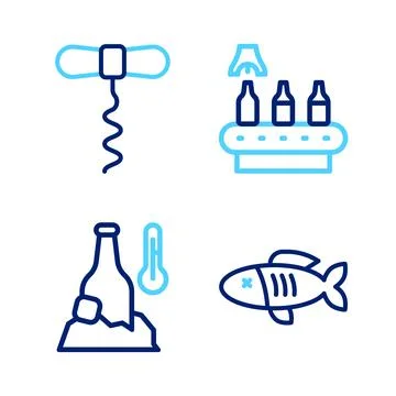 Set line Dried fish, Cold beer bottle, Conveyor band, and Wine corkscrew ic.. Illustrazione stock