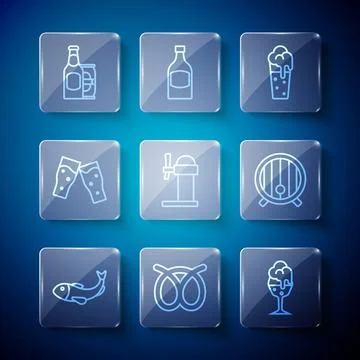 Set line Dried fish, Pretzel, Glass of beer, Dispenser, Beer bottle and can.. Stock Illustration