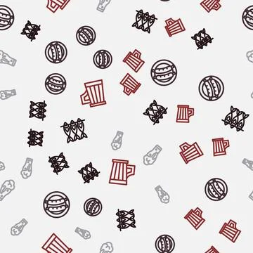 Set line Dried fish, Sausage, Glass of beer and Wooden mug on seamless pattern Stock Illustration