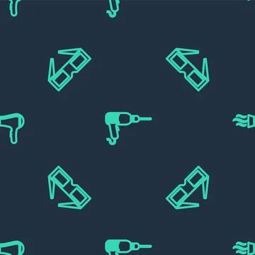 Set line Drill machine, 3D cinema glasses and Hair dryer on seamless pattern. Illustrazione stock