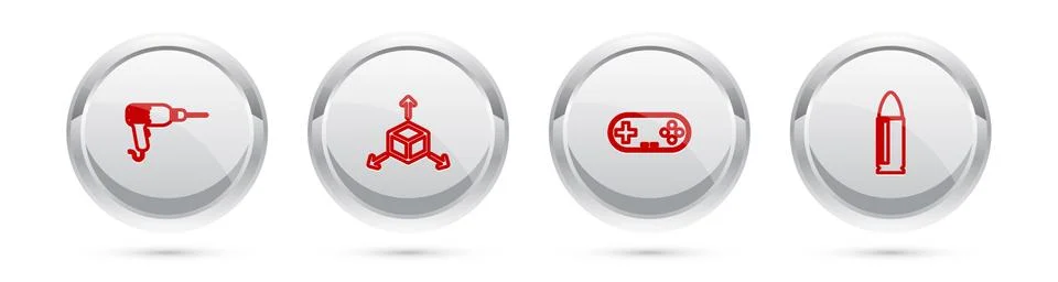 Set line Drill machine, Isometric cube, Gamepad and Bullet. Silver circle button Stock Illustration