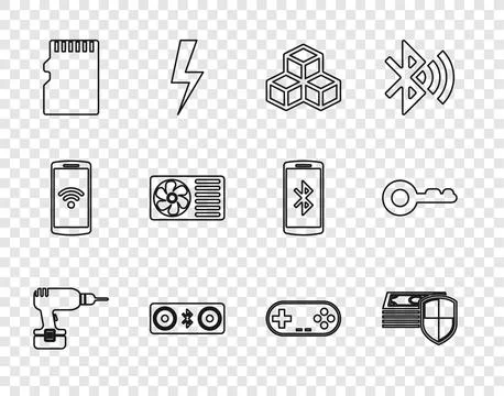 Set line Drill machine, Money protection, Isometric cube, speakers, Micro S.. Stock Illustration