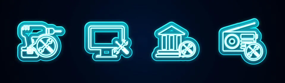 Set line Drill machine service, Computer monitor, Bank building and Radio Ilustración de archivo