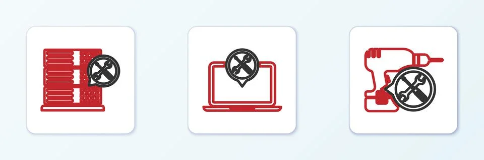 Set line Drill machine service, Database server and Laptop icon. Vector イラスト素材