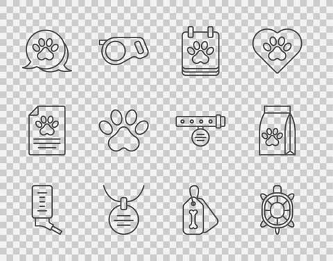 Set line Drinker for small pets, Turtle, Calendar grooming, Collar with name tag Stock Illustration