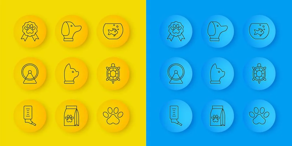 Set line Drinker for small pets, Hamster wheel, Cat, Paw print, Turtle, Pet.. Stock Illustration