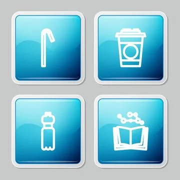 Set line Drinking plastic straw, Paper glass, Bottle of water and Open book icon Stock Illustration