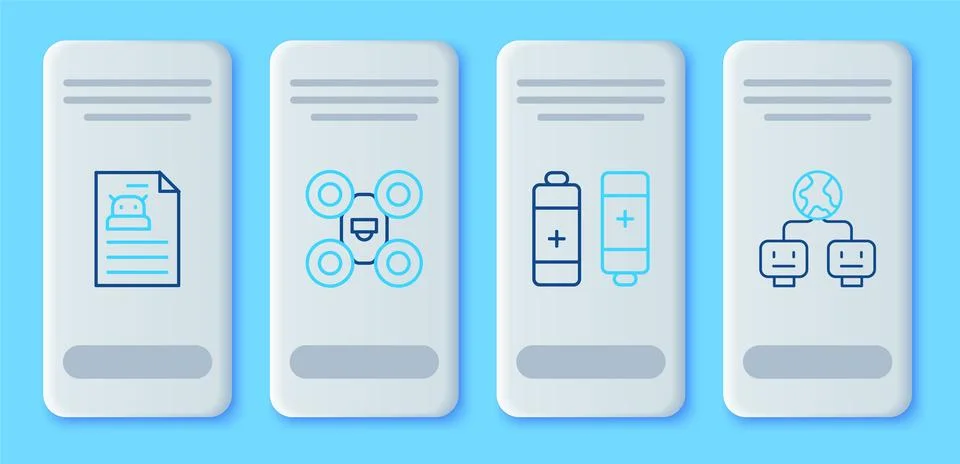 Set line Drone, Battery, Technical specification and Artificial intelligence Illustrazione stock