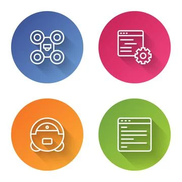 Set line Drone, Computer api interface, Robot vacuum cleaner and . Color circle Illustrazione stock