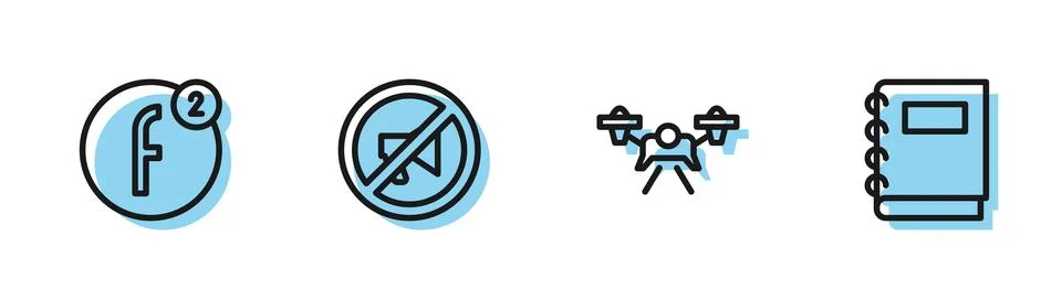 Set line Drone, Create account, Censored stamp and Notebook icon. Vector Stock Illustration