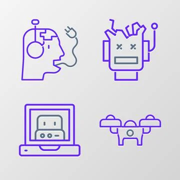 Set line Drone, Creating robot, Broken and Robot charging battery icon. Vector Stock Illustration