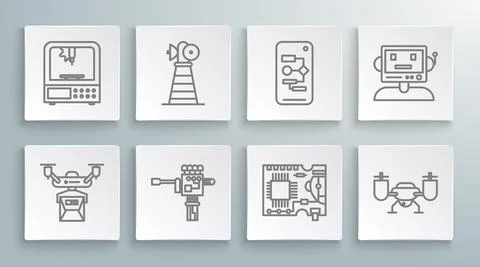 Set line Drone delivery concept, Antenna, Mechanical robot hand and screwdriver Stock Illustration