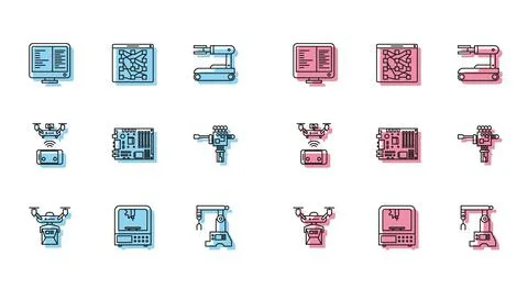 Set line Drone delivery concept, Electronic computer components motherboard Stock-Illustration