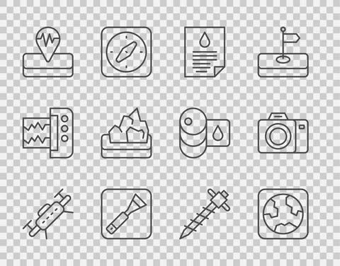 Set line Drone, Earth globe, Oil drop document, Paint brush, Earthquake, Ore Ilustração Stock