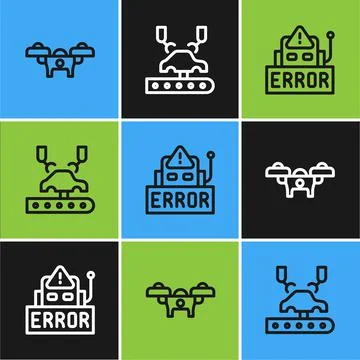 Set line Drone, Error in robot and Robotic arm factory icon. Vector Stock Illustration